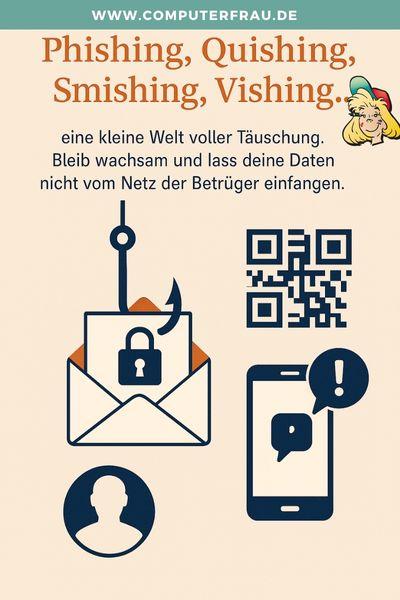 Phishing, Quishing, Smishing, Vishing… eine kleine Welt voller Täuschung. Bleib wachsam und lass deine Daten nicht vom Netz der Betrüger einfangen.