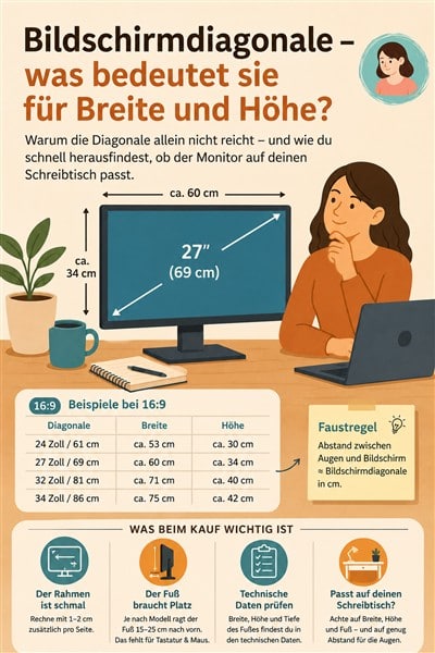 Warum die Bildschirmdiagonale allein nicht reicht – und wie du schnell herausfindest, ob der Monitor auf deinen Schreibtisch passt.